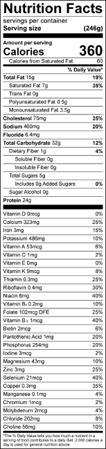 Nutrition Facts Panel for Baked Ziti