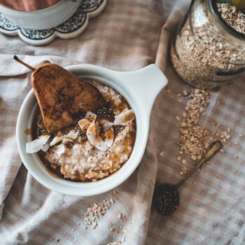 white ceramic bowl with rice and brown bread