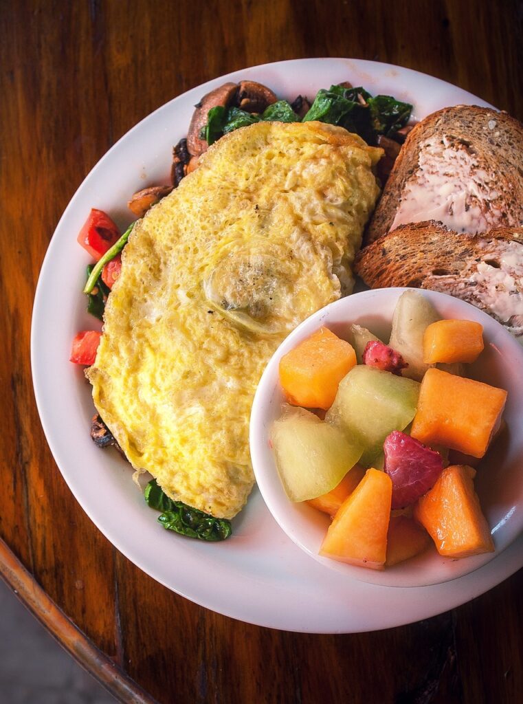 breakfast, eggs, fruit